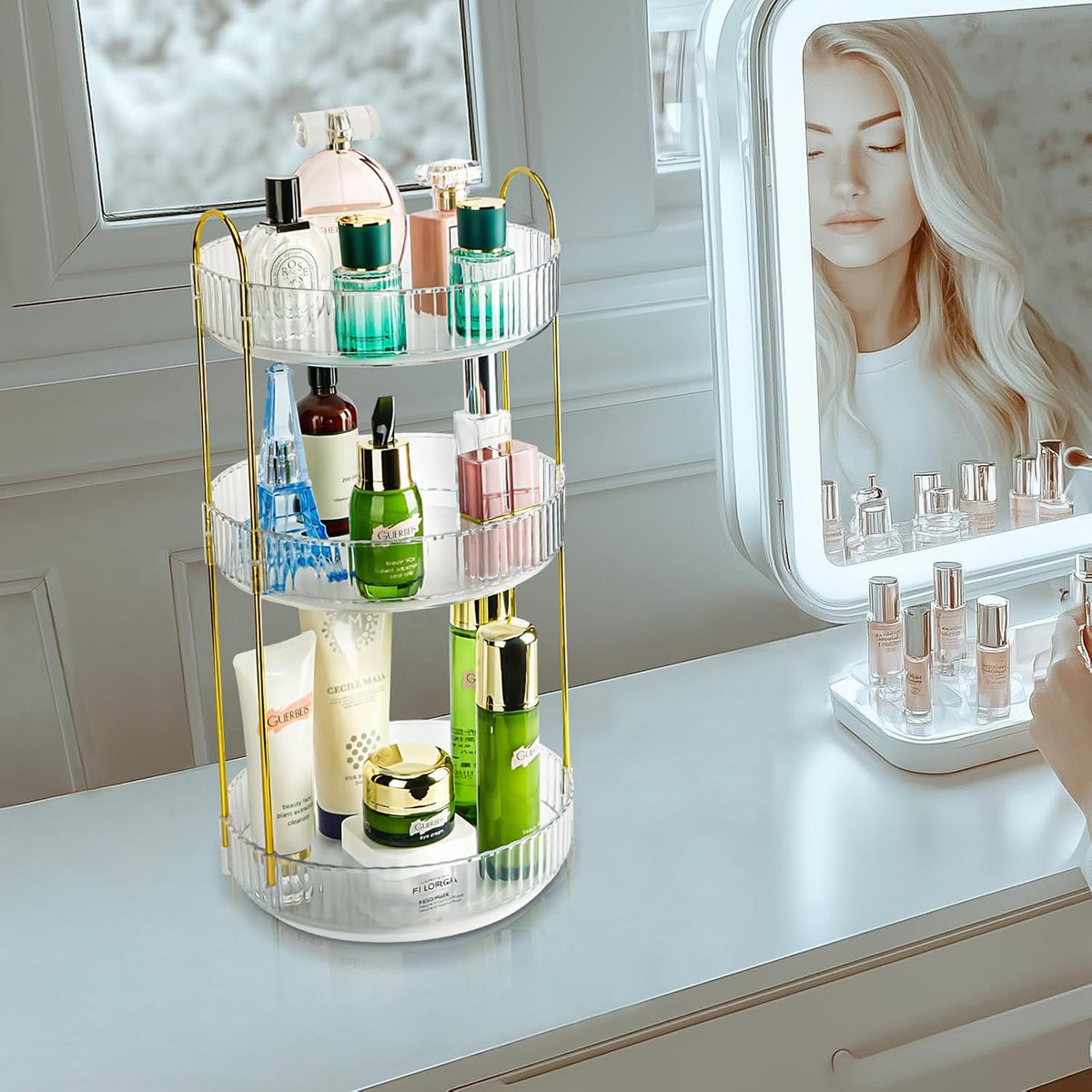 360 Rotating Makeup Organizer, 2 Tier Lazy Susan Bathroom Counter Organizer, Skincare Organizers, Spinning Perfume Organizer & Vanity Organizer Countertop (Classic Grey, 2 Tier)