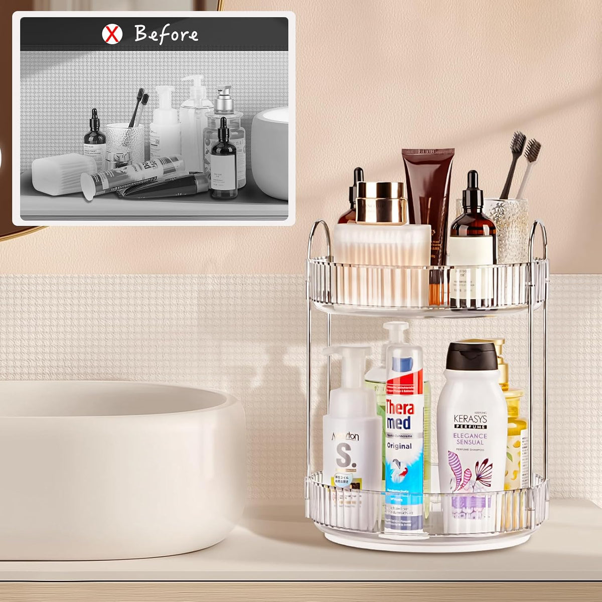 360 Rotating Makeup Organizer, 2 Tier Lazy Susan Bathroom Counter Organizer, Skincare Organizers, Spinning Perfume Organizer & Vanity Organizer Countertop (Classic Grey, 2 Tier)