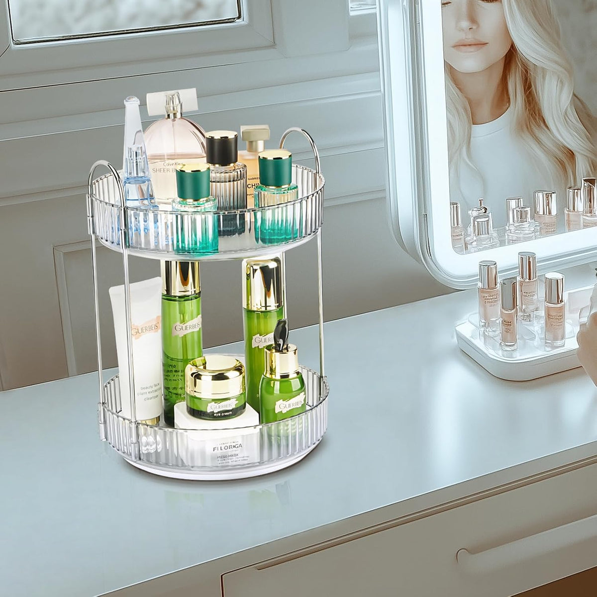 360 Rotating Makeup Organizer, 2 Tier Lazy Susan Bathroom Counter Organizer, Skincare Organizers, Spinning Perfume Organizer & Vanity Organizer Countertop (Classic Grey, 2 Tier)
