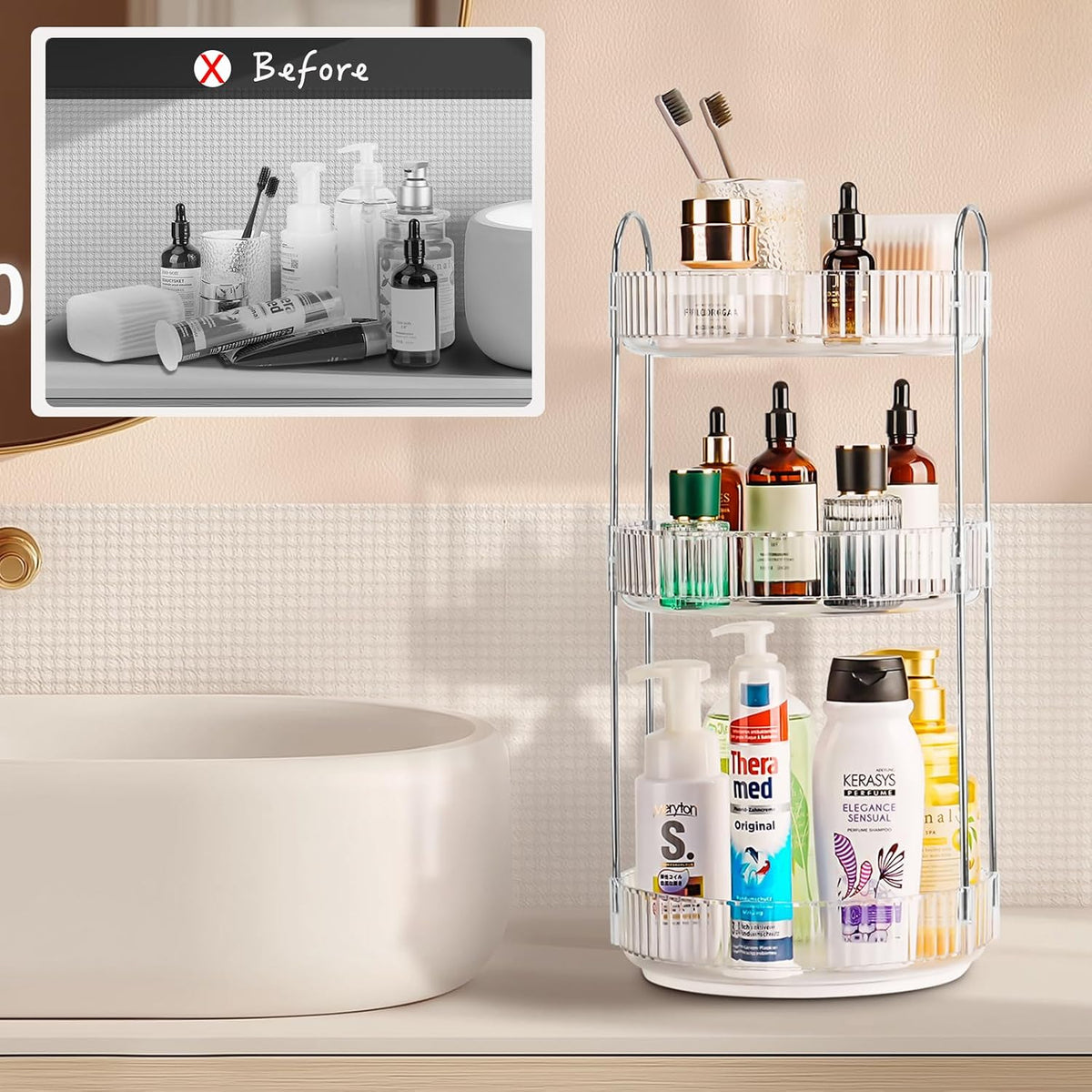 360 Rotating Makeup Organizer, 2 Tier Lazy Susan Bathroom Counter Organizer, Skincare Organizers, Spinning Perfume Organizer & Vanity Organizer Countertop (Classic Grey, 2 Tier)