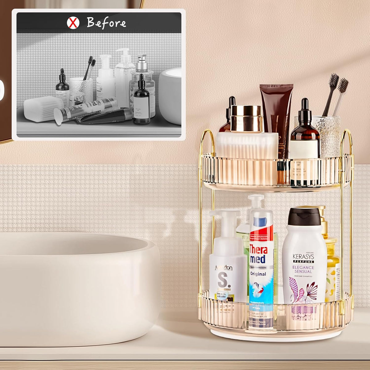 360 Rotating Makeup Organizer, 2 Tier Lazy Susan Bathroom Counter Organizer, Skincare Organizers, Spinning Perfume Organizer & Vanity Organizer Countertop (Classic Grey, 2 Tier)