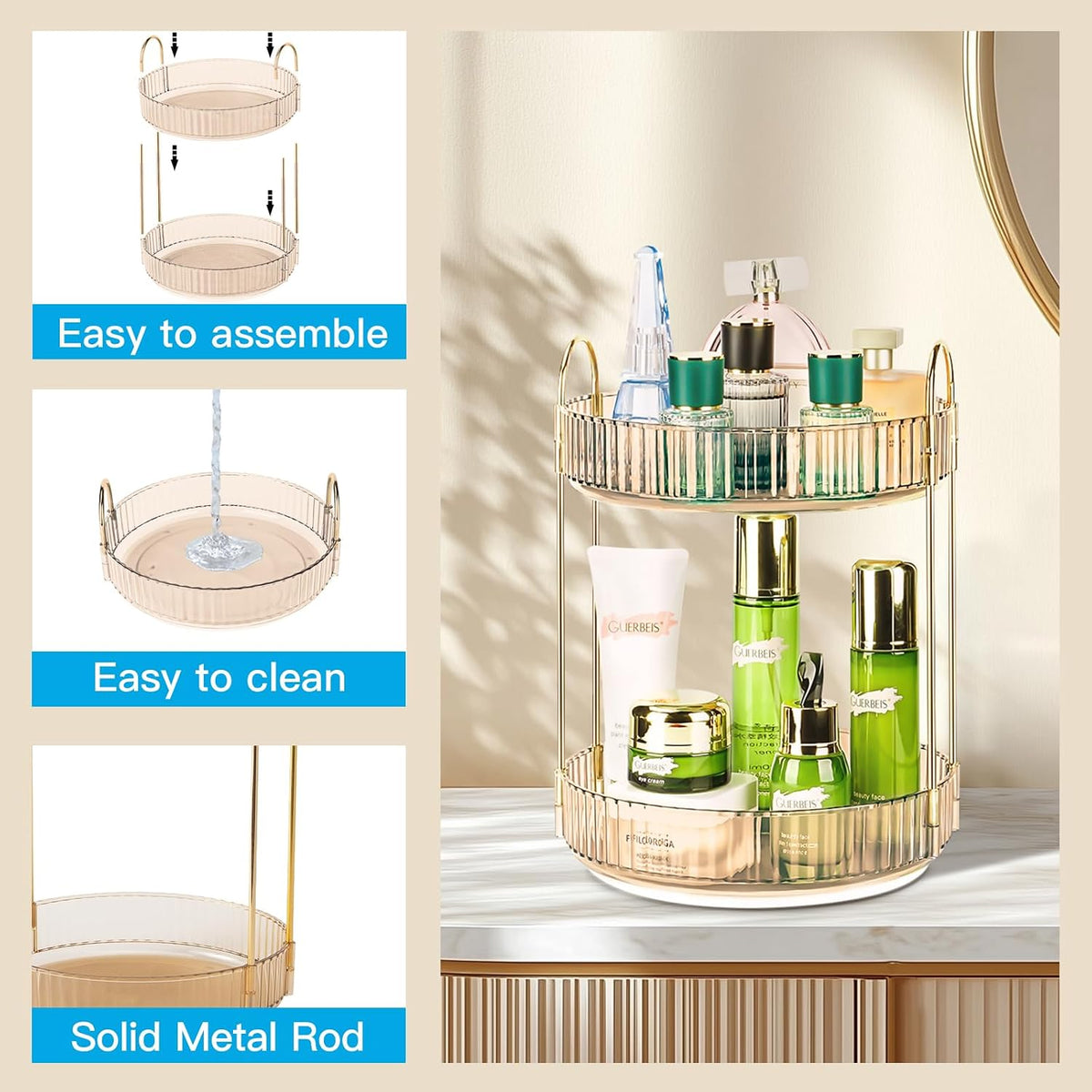 360 Rotating Makeup Organizer, 2 Tier Lazy Susan Bathroom Counter Organizer, Skincare Organizers, Spinning Perfume Organizer & Vanity Organizer Countertop (Classic Grey, 2 Tier)