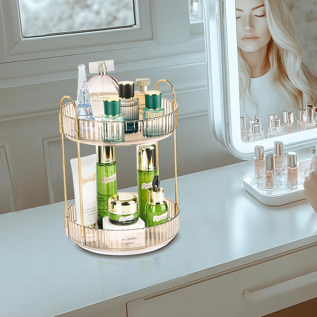 360 Rotating Makeup Organizer, 2 Tier Lazy Susan Bathroom Counter Organizer, Skincare Organizers, Spinning Perfume Organizer & Vanity Organizer Countertop (Classic Grey, 2 Tier)