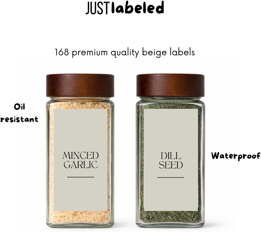 Spice Labels - 168 Aesthetic Beige Spice Labels for Jars - Waterproof Stickers for Spice containers - Preprinted Minmalist Oilproof Herbs & Seasoning Labels