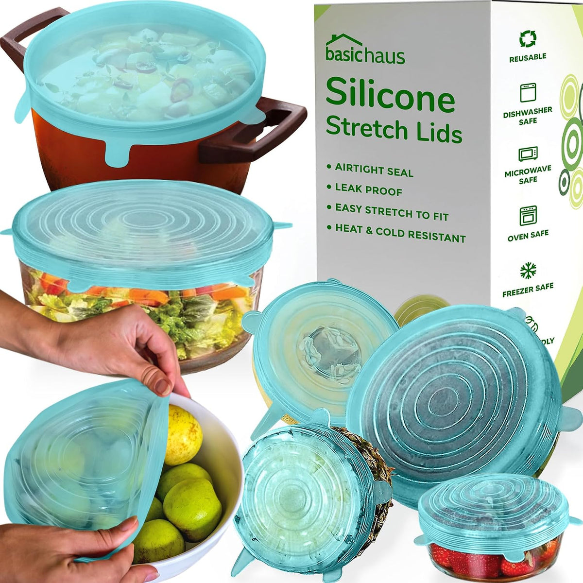 Reusable Silicone Stretch Lids for Food Storage in Fridge - Elastic Heat-Resistant Bowl Covers, Cups, Cans, Jars - Universal Food Grade Lid for Round and Rectangle Containers -7 Pack