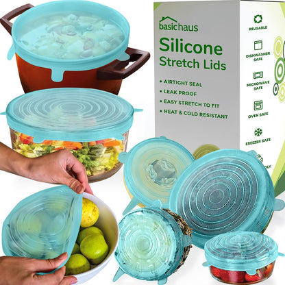Reusable Silicone Stretch Lids for Food Storage in Fridge - Elastic Heat-Resistant Bowl Covers, Cups, Cans, Jars - Universal Food Grade Lid for Round and Rectangle Containers -7 Pack