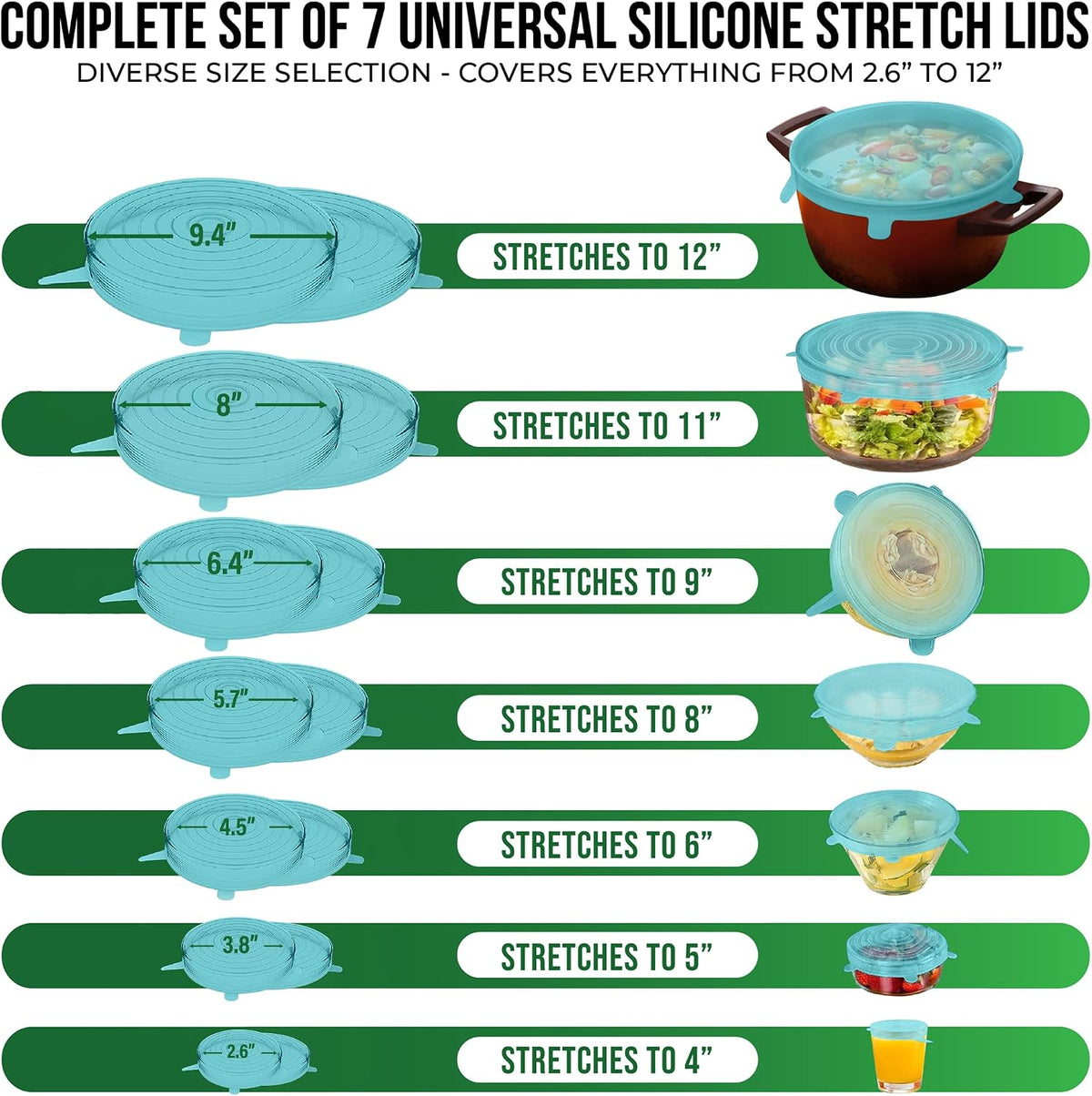 Reusable Silicone Stretch Lids for Food Storage in Fridge - Elastic Heat-Resistant Bowl Covers, Cups, Cans, Jars - Universal Food Grade Lid for Round and Rectangle Containers -7 Pack