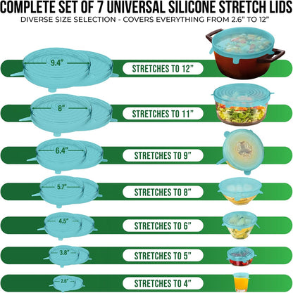 Reusable Silicone Stretch Lids for Food Storage in Fridge - Elastic Heat-Resistant Bowl Covers, Cups, Cans, Jars - Universal Food Grade Lid for Round and Rectangle Containers -7 Pack
