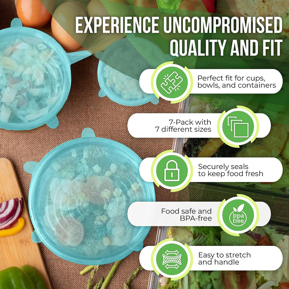 Reusable Silicone Stretch Lids for Food Storage in Fridge - Elastic Heat-Resistant Bowl Covers, Cups, Cans, Jars - Universal Food Grade Lid for Round and Rectangle Containers -7 Pack