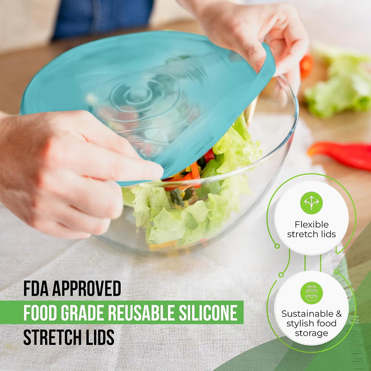 Reusable Silicone Stretch Lids for Food Storage in Fridge - Elastic Heat-Resistant Bowl Covers, Cups, Cans, Jars - Universal Food Grade Lid for Round and Rectangle Containers -7 Pack
