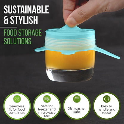 Reusable Silicone Stretch Lids for Food Storage in Fridge - Elastic Heat-Resistant Bowl Covers, Cups, Cans, Jars - Universal Food Grade Lid for Round and Rectangle Containers -7 Pack