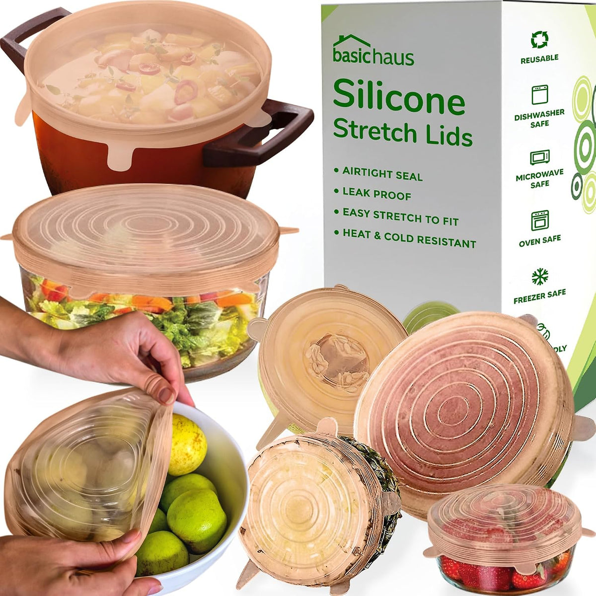 Reusable Silicone Stretch Lids for Food Storage in Fridge - Elastic Heat-Resistant Bowl Covers, Cups, Cans, Jars - Universal Food Grade Lid for Round and Rectangle Containers -7 Pack