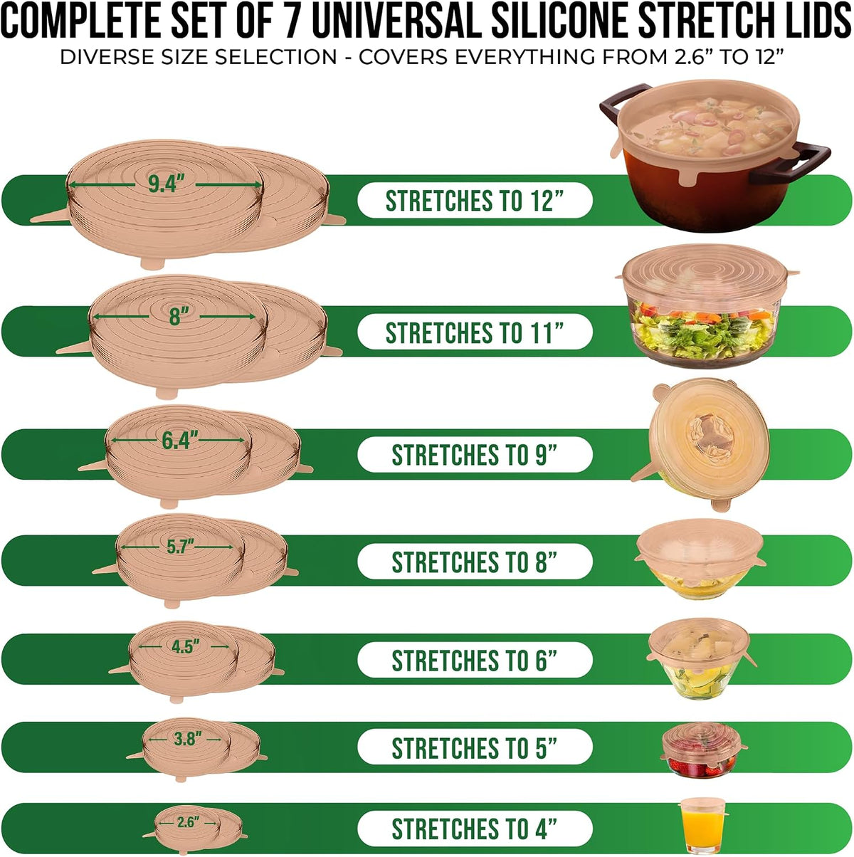 Reusable Silicone Stretch Lids for Food Storage in Fridge - Elastic Heat-Resistant Bowl Covers, Cups, Cans, Jars - Universal Food Grade Lid for Round and Rectangle Containers -7 Pack