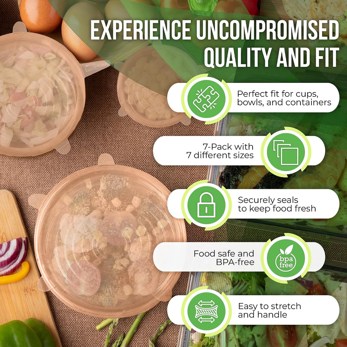 Reusable Silicone Stretch Lids for Food Storage in Fridge - Elastic Heat-Resistant Bowl Covers, Cups, Cans, Jars - Universal Food Grade Lid for Round and Rectangle Containers -7 Pack