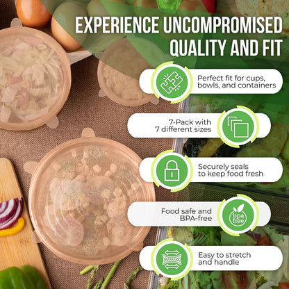 Reusable Silicone Stretch Lids for Food Storage in Fridge - Elastic Heat-Resistant Bowl Covers, Cups, Cans, Jars - Universal Food Grade Lid for Round and Rectangle Containers -7 Pack