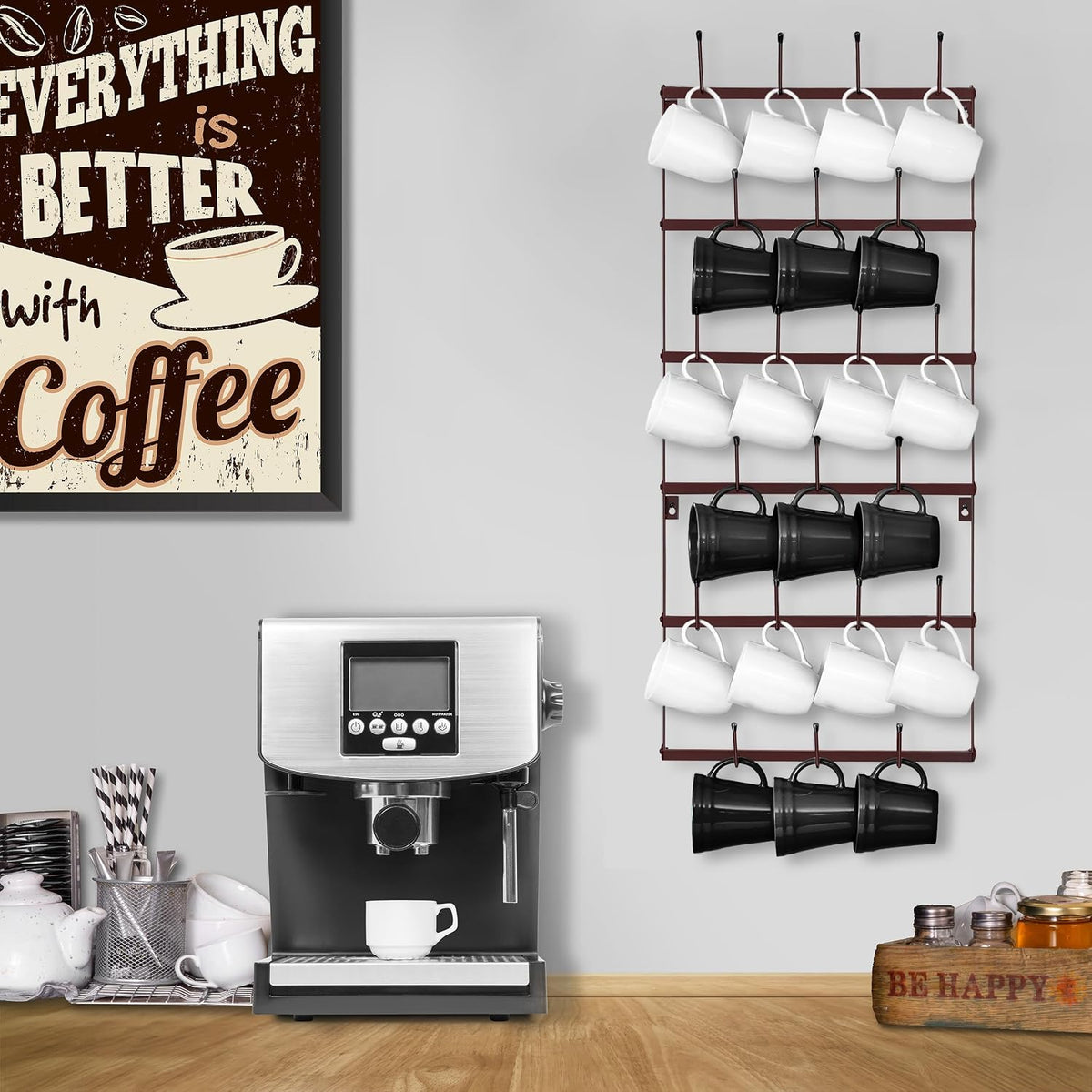 Wall Mug Rack, Coffee Mug Display for Coffee Station (Small, Brown)