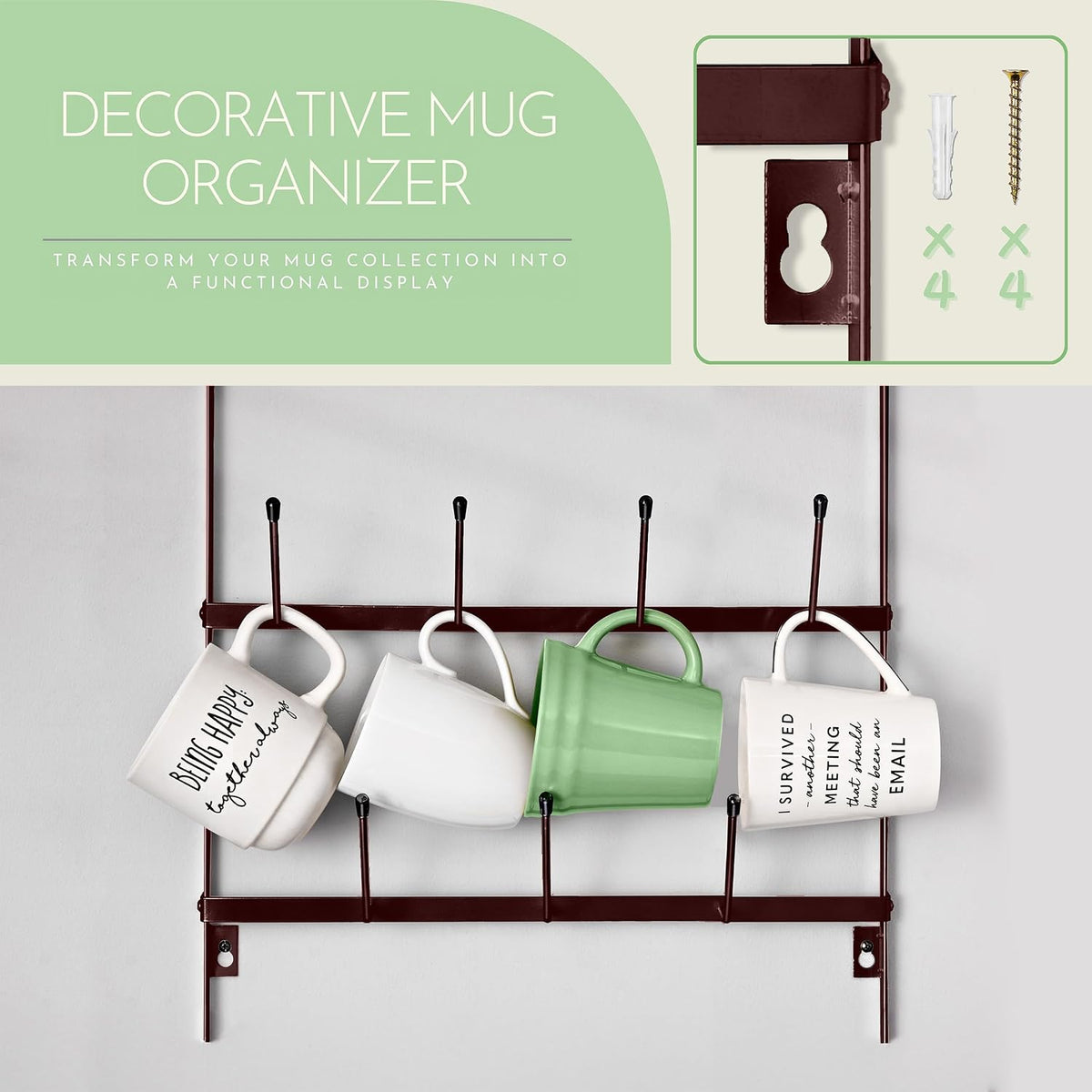 Wall Mug Rack, Coffee Mug Display for Coffee Station (Small, Brown)