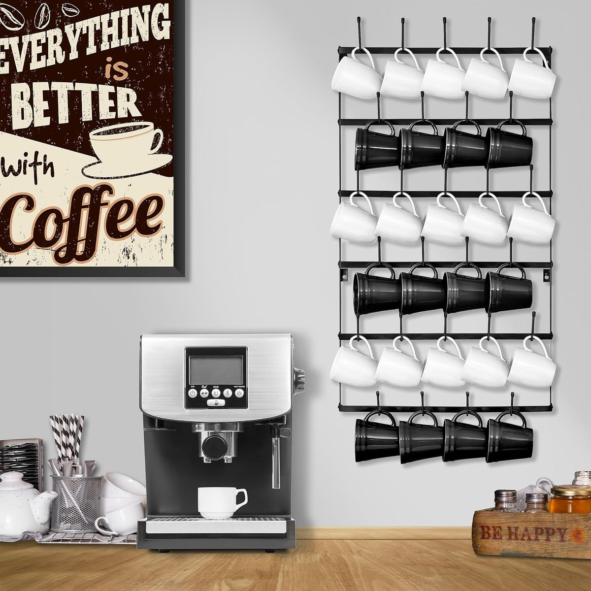 Wall Mug Rack, Coffee Mug Display for Coffee Station (Small, Brown)
