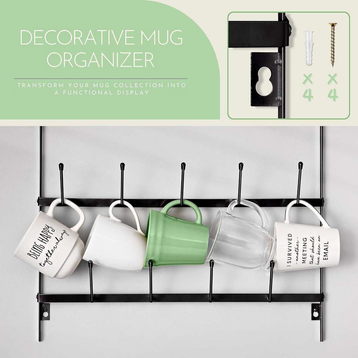 Wall Mug Rack, Coffee Mug Display for Coffee Station (Small, Brown)