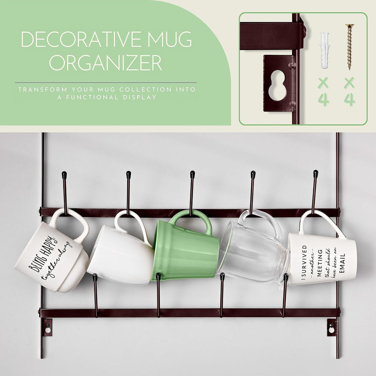 Wall Mug Rack, Coffee Mug Display for Coffee Station (Small, Brown)
