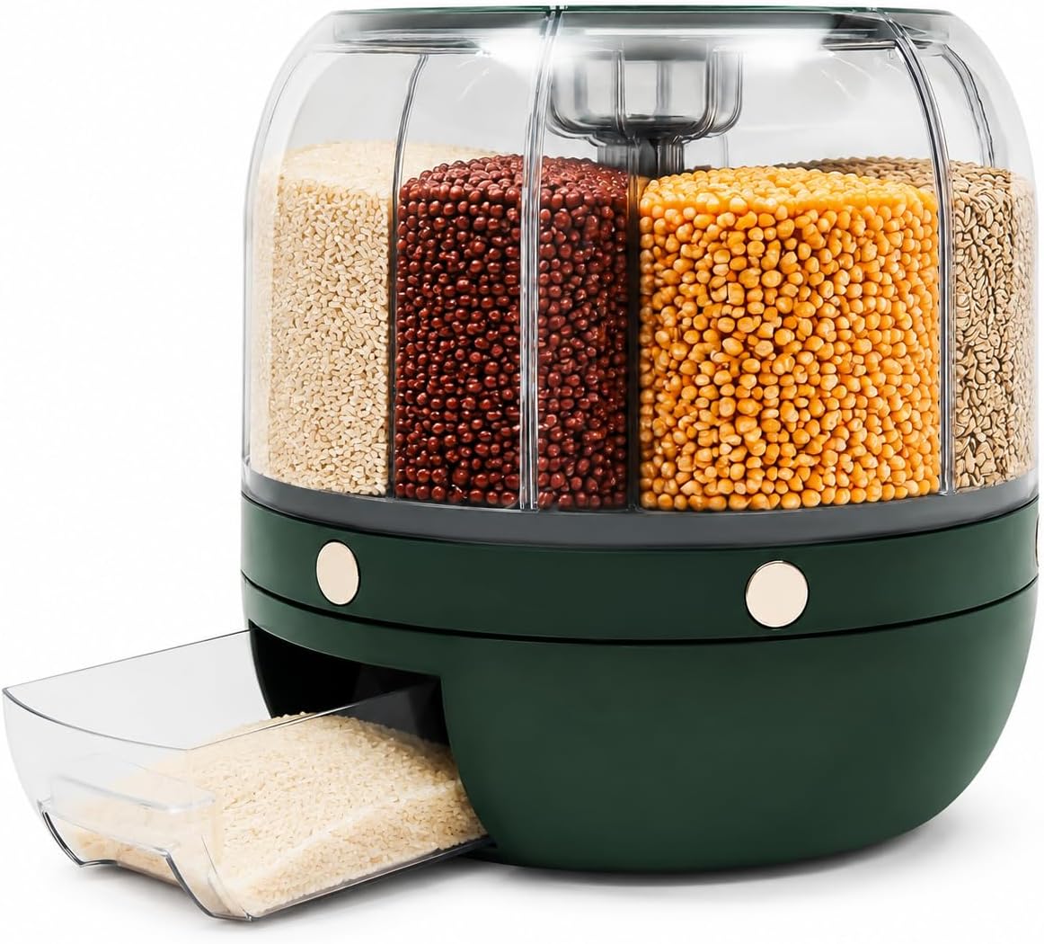 6 in 1 Rice Dispenser, 6-Grid Rotating Grain Storage Container, 13.2Lbs Dry Food Dispenser, Clear Dark Green PET, Round Modern Grain Dispenser for Kitchen, Countertop, Pantry Use (Clear, Dark Green)