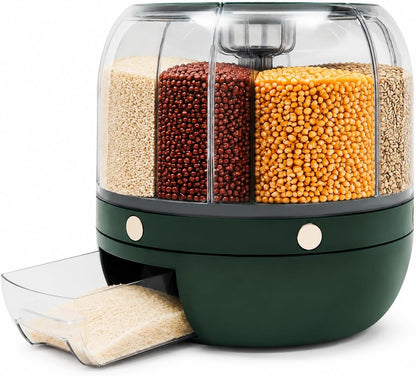 6 in 1 Rice Dispenser, 6-Grid Rotating Grain Storage Container, 13.2Lbs Dry Food Dispenser, Clear Dark Green PET, Round Modern Grain Dispenser for Kitchen, Countertop, Pantry Use (Clear, Dark Green)