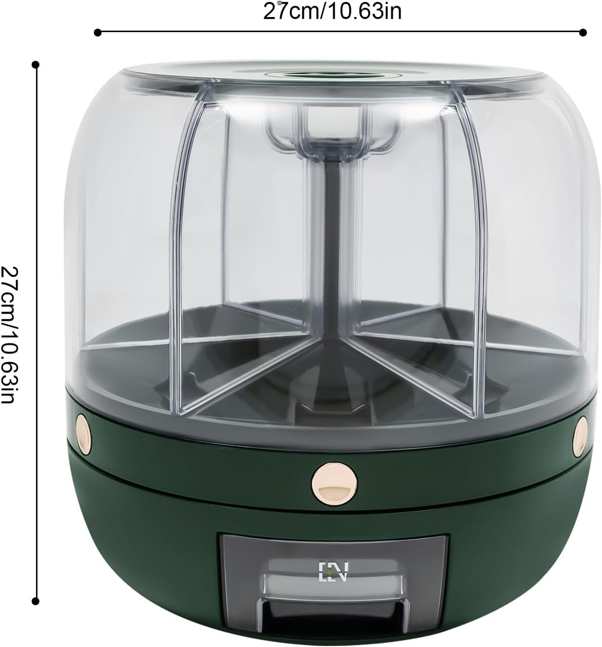 6 in 1 Rice Dispenser, 6-Grid Rotating Grain Storage Container, 13.2Lbs Dry Food Dispenser, Clear Dark Green PET, Round Modern Grain Dispenser for Kitchen, Countertop, Pantry Use (Clear, Dark Green)