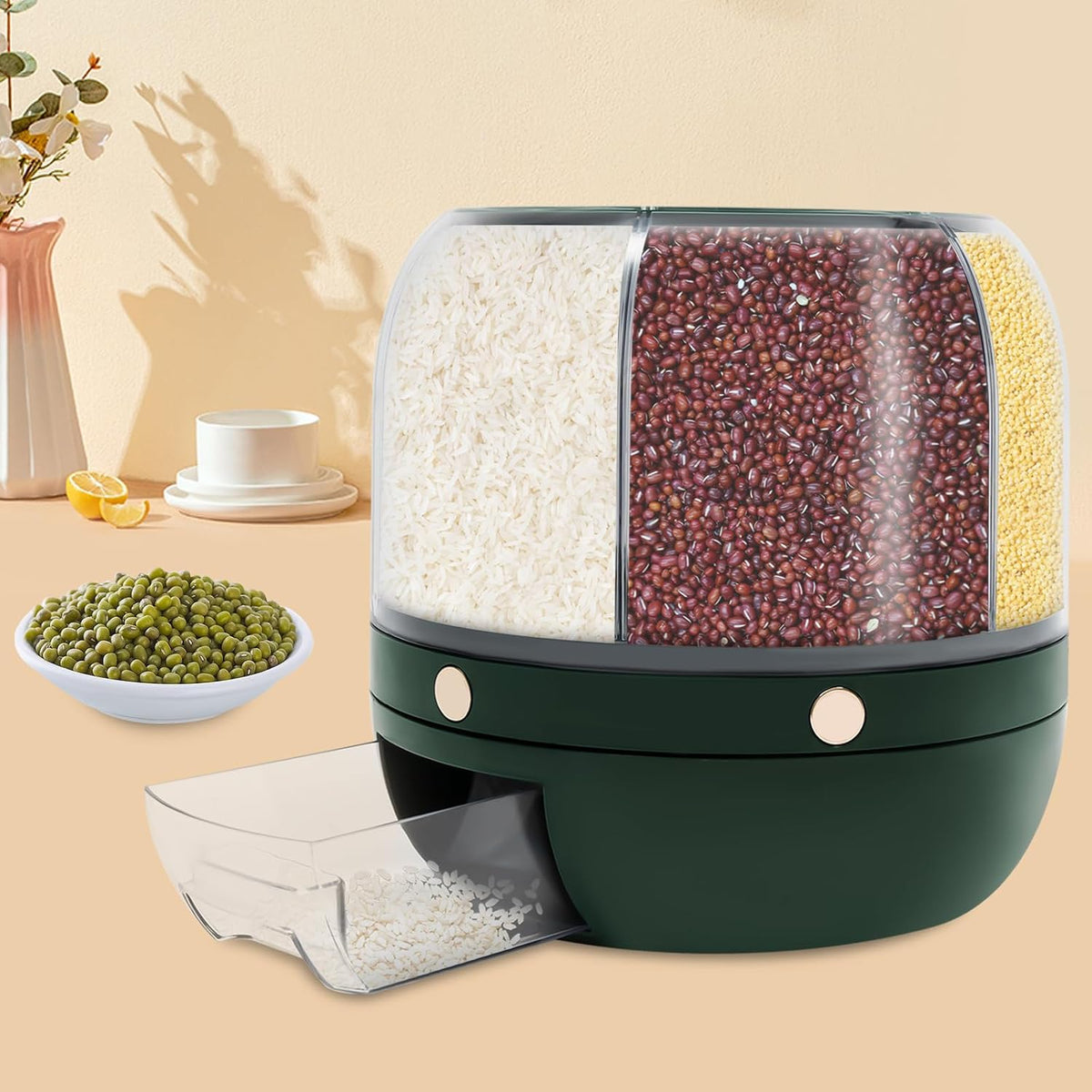 6 in 1 Rice Dispenser, 6-Grid Rotating Grain Storage Container, 13.2Lbs Dry Food Dispenser, Clear Dark Green PET, Round Modern Grain Dispenser for Kitchen, Countertop, Pantry Use (Clear, Dark Green)