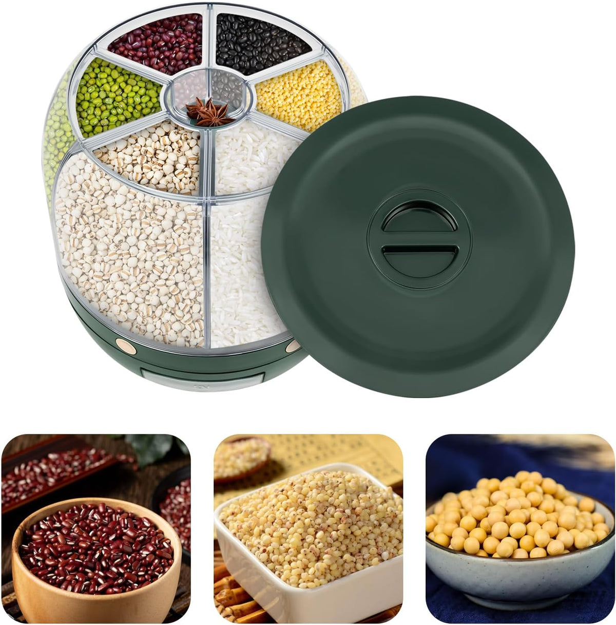 6 in 1 Rice Dispenser, 6-Grid Rotating Grain Storage Container, 13.2Lbs Dry Food Dispenser, Clear Dark Green PET, Round Modern Grain Dispenser for Kitchen, Countertop, Pantry Use (Clear, Dark Green)