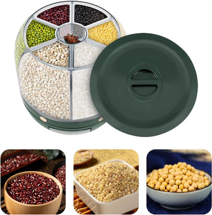 6 in 1 Rice Dispenser, 6-Grid Rotating Grain Storage Container, 13.2Lbs Dry Food Dispenser, Clear Dark Green PET, Round Modern Grain Dispenser for Kitchen, Countertop, Pantry Use (Clear, Dark Green)