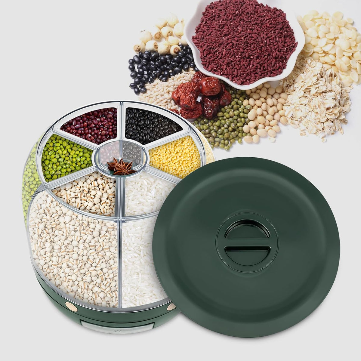 6 in 1 Rice Dispenser, 6-Grid Rotating Grain Storage Container, 13.2Lbs Dry Food Dispenser, Clear Dark Green PET, Round Modern Grain Dispenser for Kitchen, Countertop, Pantry Use (Clear, Dark Green)