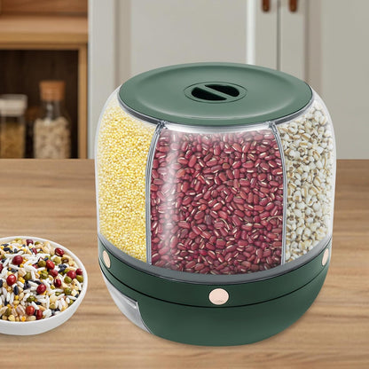 6 in 1 Rice Dispenser, 6-Grid Rotating Grain Storage Container, 13.2Lbs Dry Food Dispenser, Clear Dark Green PET, Round Modern Grain Dispenser for Kitchen, Countertop, Pantry Use (Clear, Dark Green)