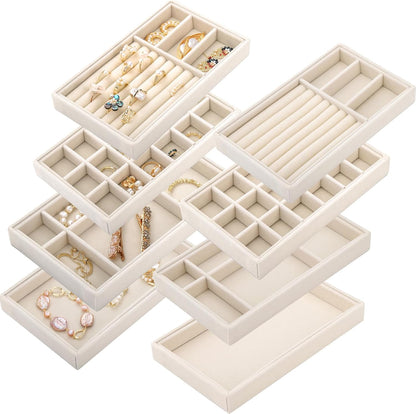 8 Pack Velvet Jewelry Trays, Stackable Jewelry Organizer Trays for Drawers, Beige Jewelry Storage and Display Tray Inserts for Necklaces, Rings, Earrings