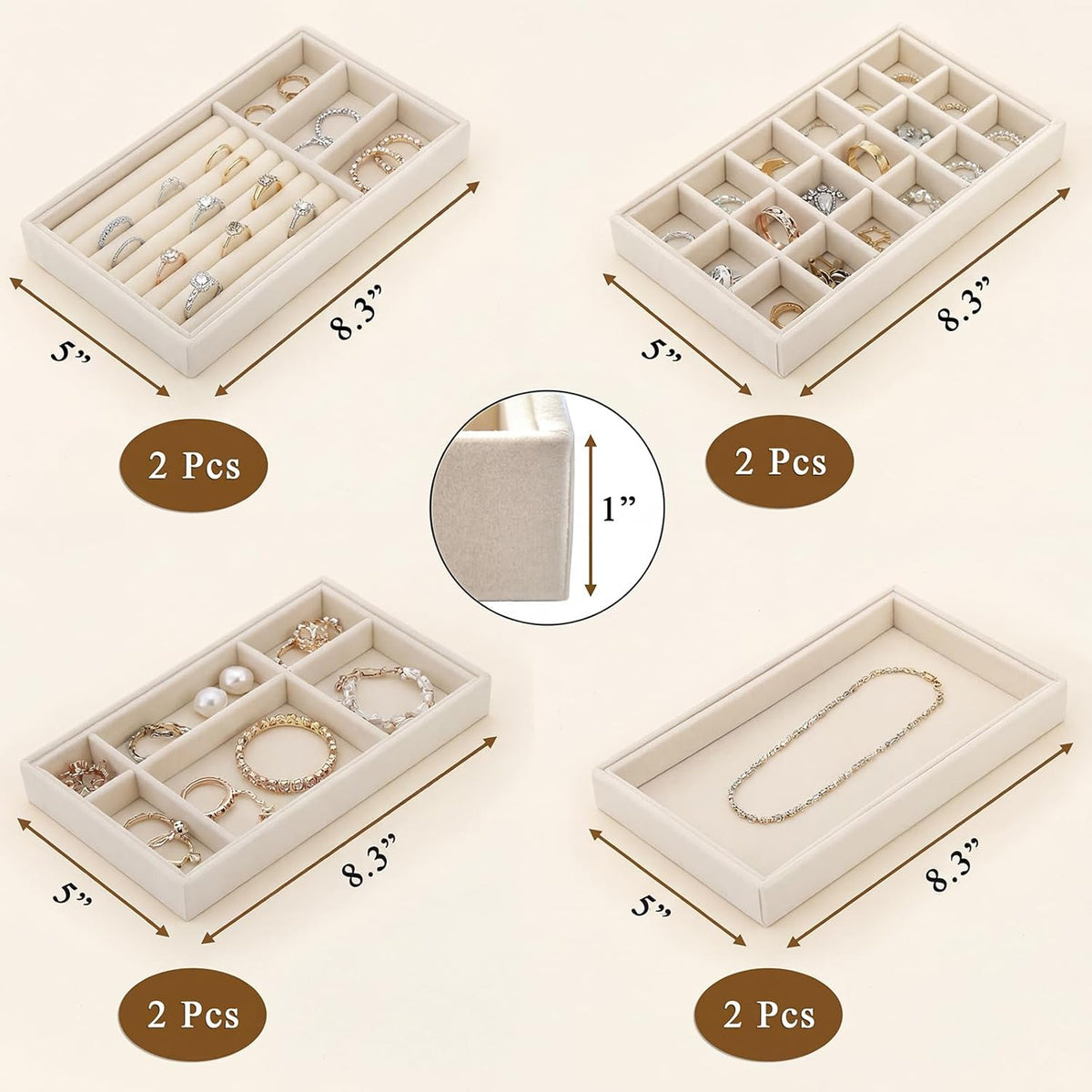 8 Pack Velvet Jewelry Trays, Stackable Jewelry Organizer Trays for Drawers, Beige Jewelry Storage and Display Tray Inserts for Necklaces, Rings, Earrings