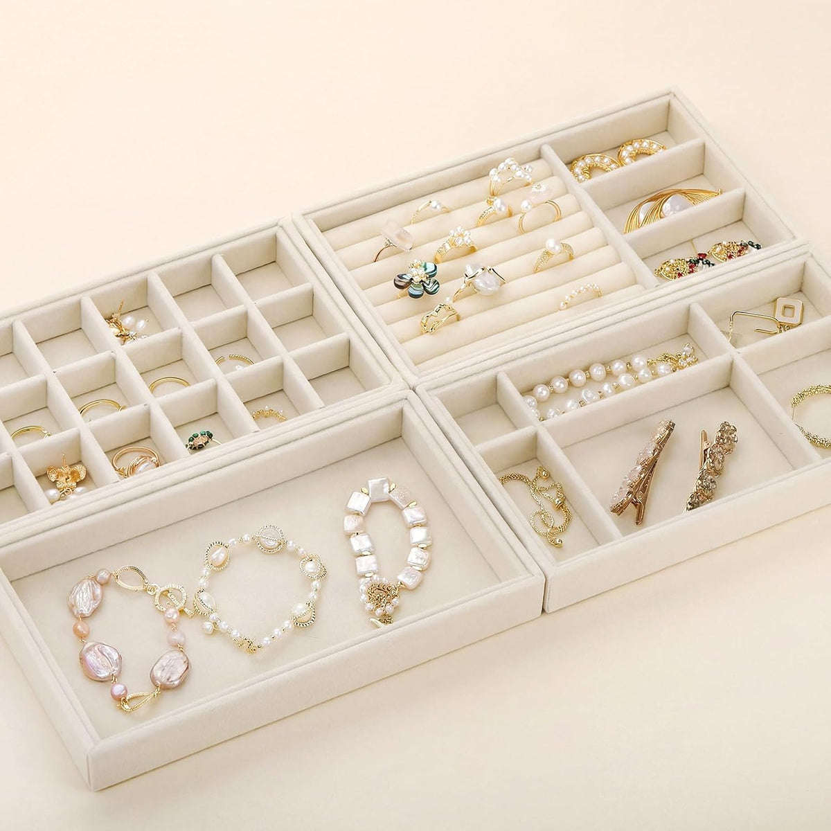 8 Pack Velvet Jewelry Trays, Stackable Jewelry Organizer Trays for Drawers, Beige Jewelry Storage and Display Tray Inserts for Necklaces, Rings, Earrings