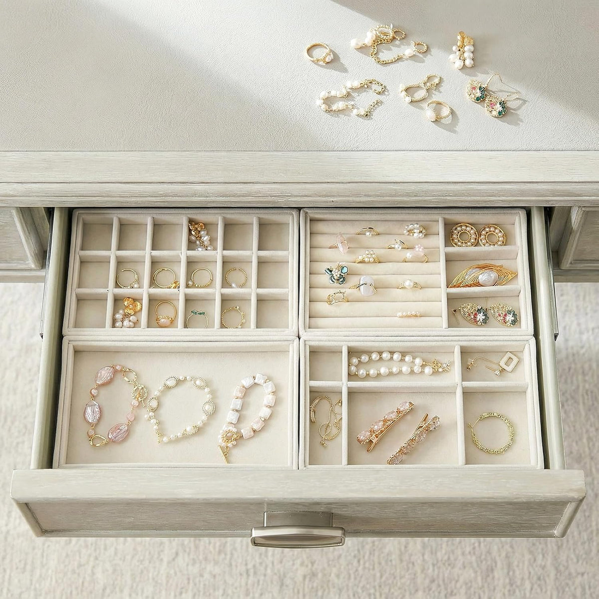8 Pack Velvet Jewelry Trays, Stackable Jewelry Organizer Trays for Drawers, Beige Jewelry Storage and Display Tray Inserts for Necklaces, Rings, Earrings