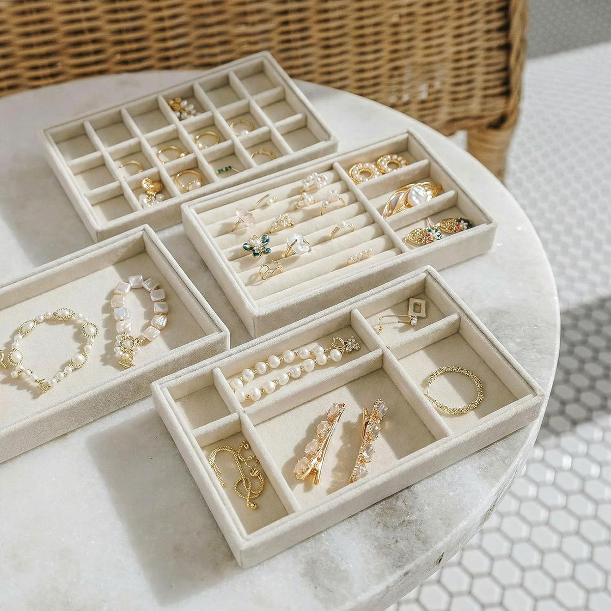 8 Pack Velvet Jewelry Trays, Stackable Jewelry Organizer Trays for Drawers, Beige Jewelry Storage and Display Tray Inserts for Necklaces, Rings, Earrings