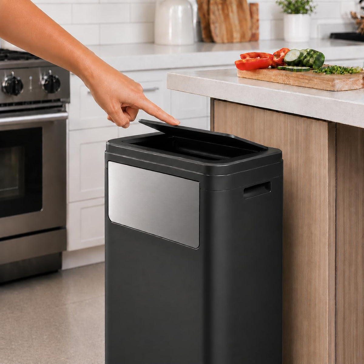 Bathroom Tall Skinny Trash Can with Lid, Balck, 6gallon