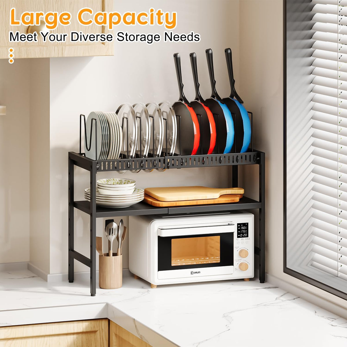2-Tier Pots and Pans Organizer Under Cabinet,Expandable Pots Lid Organizers Inside Cabinet,Adjustable Metal Storage Shelves Organizer Rack with 10 Dividers For Kitchen Pantry Organization and Storage