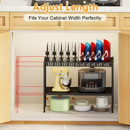 2-Tier Pots and Pans Organizer Under Cabinet,Expandable Pots Lid Organizers Inside Cabinet,Adjustable Metal Storage Shelves Organizer Rack with 10 Dividers For Kitchen Pantry Organization and Storage