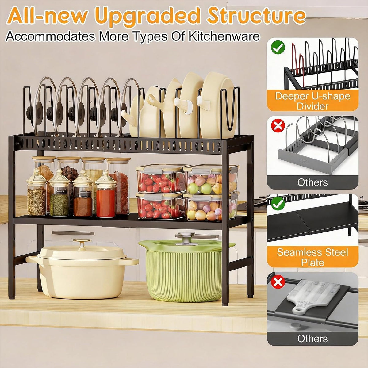 2-Tier Pots and Pans Organizer Under Cabinet,Expandable Pots Lid Organizers Inside Cabinet,Adjustable Metal Storage Shelves Organizer Rack with 10 Dividers For Kitchen Pantry Organization and Storage