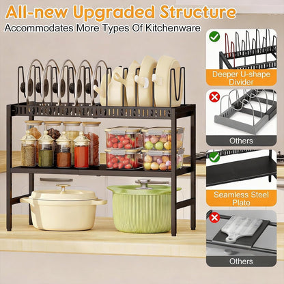 2-Tier Pots and Pans Organizer Under Cabinet,Expandable Pots Lid Organizers Inside Cabinet,Adjustable Metal Storage Shelves Organizer Rack with 10 Dividers For Kitchen Pantry Organization and Storage