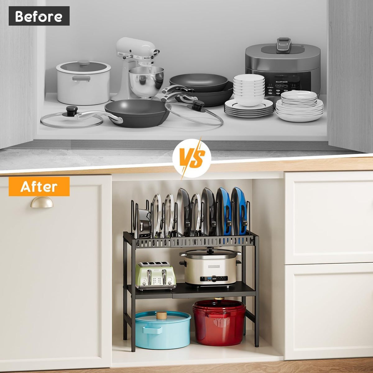 2-Tier Pots and Pans Organizer Under Cabinet,Expandable Pots Lid Organizers Inside Cabinet,Adjustable Metal Storage Shelves Organizer Rack with 10 Dividers For Kitchen Pantry Organization and Storage