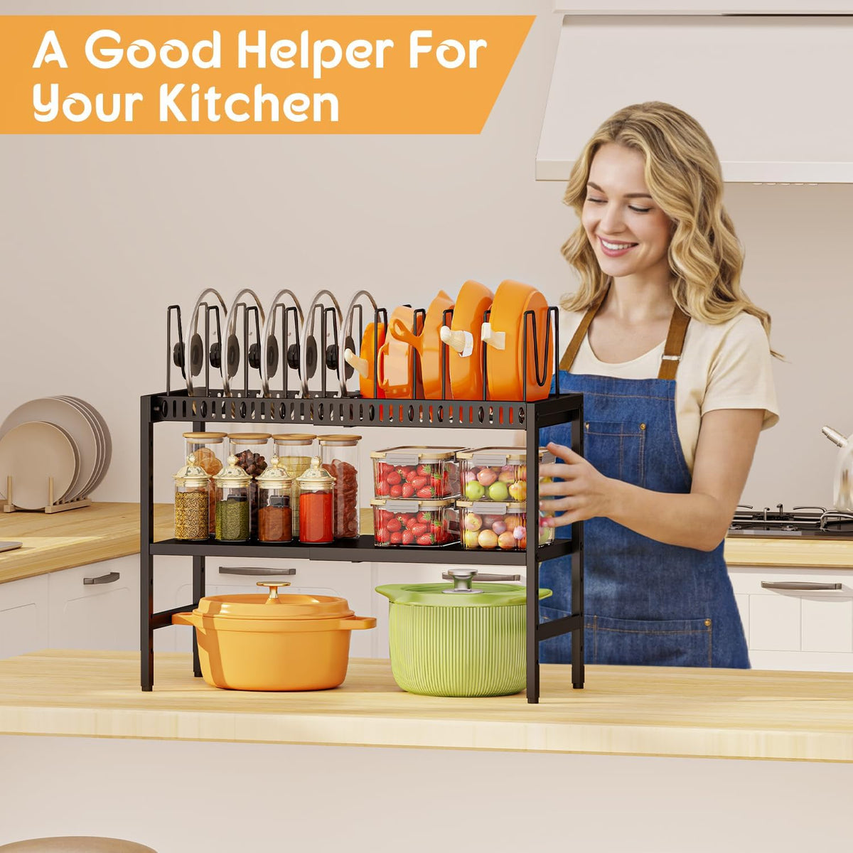 2-Tier Pots and Pans Organizer Under Cabinet,Expandable Pots Lid Organizers Inside Cabinet,Adjustable Metal Storage Shelves Organizer Rack with 10 Dividers For Kitchen Pantry Organization and Storage