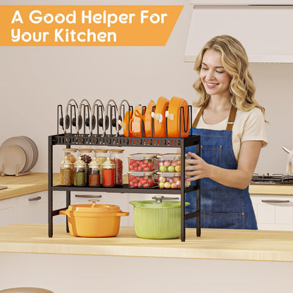 2-Tier Pots and Pans Organizer Under Cabinet,Expandable Pots Lid Organizers Inside Cabinet,Adjustable Metal Storage Shelves Organizer Rack with 10 Dividers For Kitchen Pantry Organization and Storage