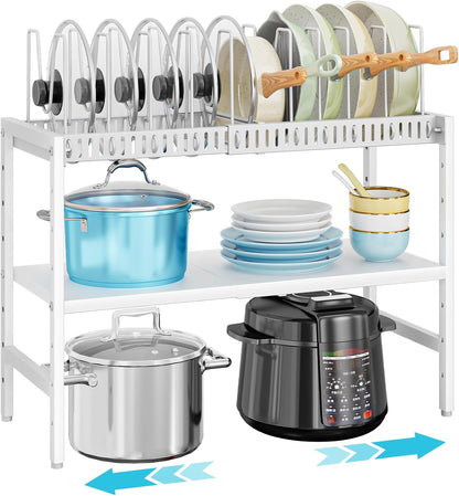2-Tier Pots and Pans Organizer Under Cabinet,Expandable Pots Lid Organizers Inside Cabinet,Adjustable Metal Storage Shelves Organizer Rack with 10 Dividers For Kitchen Pantry Organization and Storage