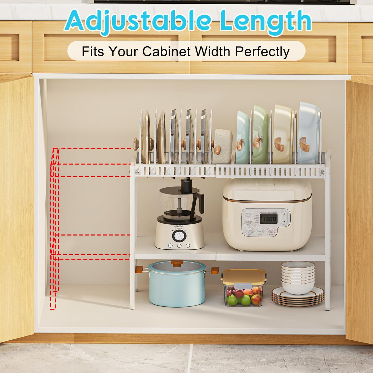 2-Tier Pots and Pans Organizer Under Cabinet,Expandable Pots Lid Organizers Inside Cabinet,Adjustable Metal Storage Shelves Organizer Rack with 10 Dividers For Kitchen Pantry Organization and Storage