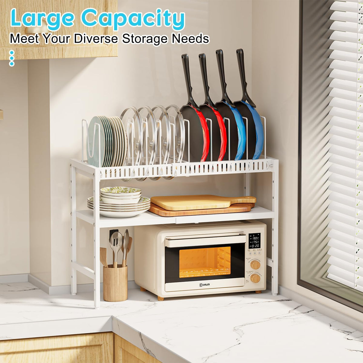 2-Tier Pots and Pans Organizer Under Cabinet,Expandable Pots Lid Organizers Inside Cabinet,Adjustable Metal Storage Shelves Organizer Rack with 10 Dividers For Kitchen Pantry Organization and Storage