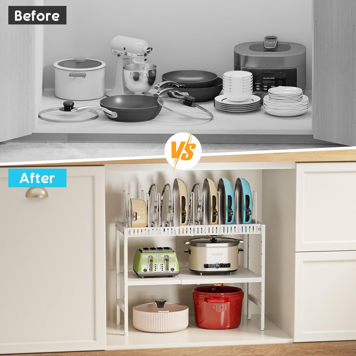 2-Tier Pots and Pans Organizer Under Cabinet,Expandable Pots Lid Organizers Inside Cabinet,Adjustable Metal Storage Shelves Organizer Rack with 10 Dividers For Kitchen Pantry Organization and Storage