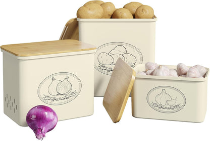 Plastic Potato and Onion Storage Bin, Stackable Garlic Keeper with Aerating Holes and Lid, Vegetable Container Box for Pantry Countertop, White, 24 x 18 x 24 cm/9.5 x 7 x 9.5 inch, Set of 3